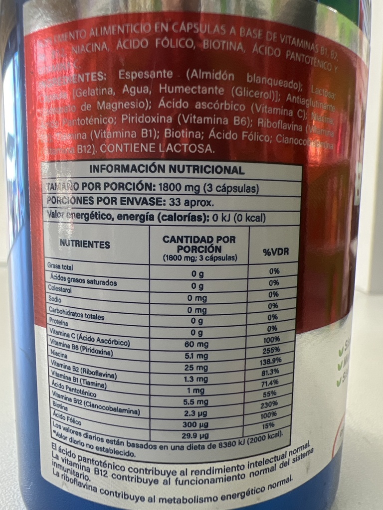 B- COMPLEX + B12 CAPSULAS 600MG X100 NATURAL FACTOR